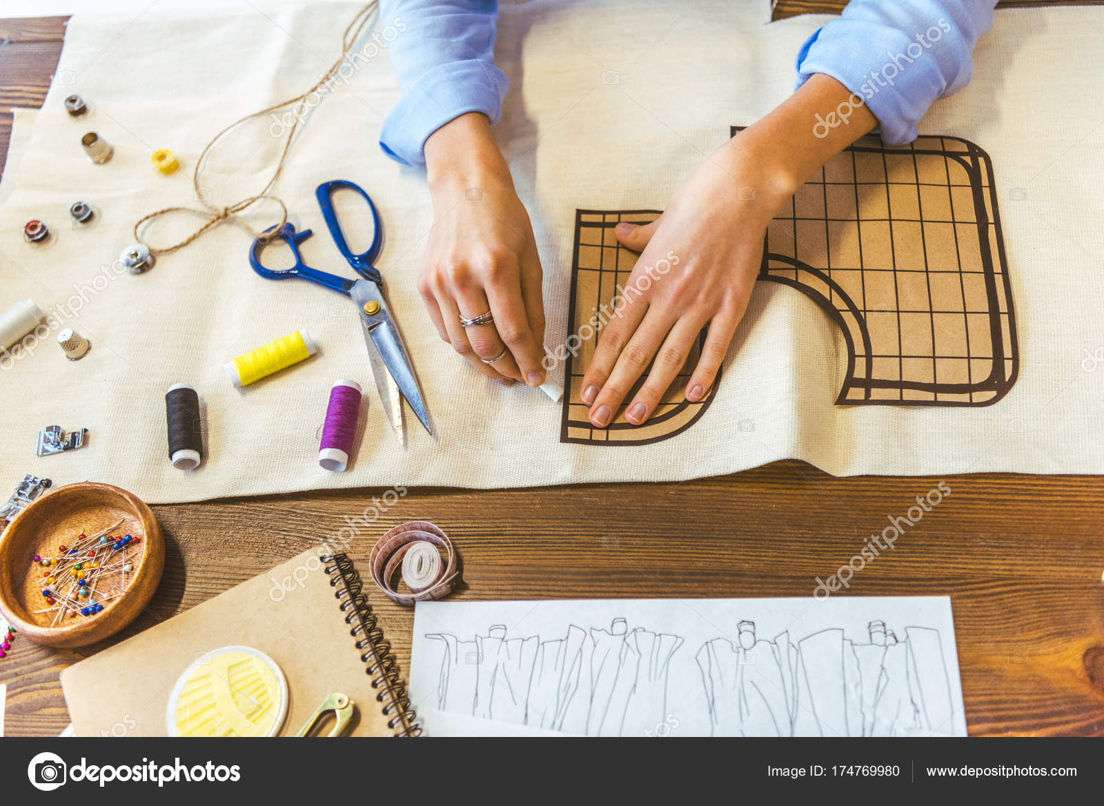 Cropped Image Seamstress Marking Pattern Piece Chalk Stock Photo by