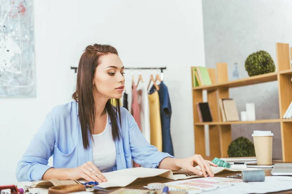 Seamstress Looking Sketches Sitting Working Table — Stock Photo, Image