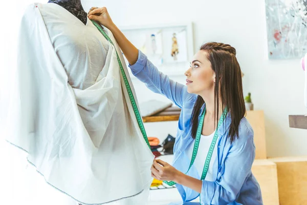 Attractive Tailor Measuring Fabric Dress — Stock Photo, Image