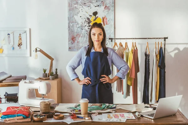 Seamstress Standing Working Place Looking Camera — Stock Photo, Image