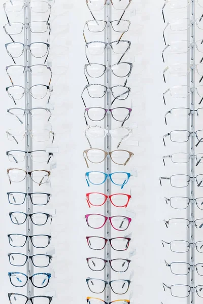 Background Different Eyeglasses Shelves Optics — Stock Photo, Image