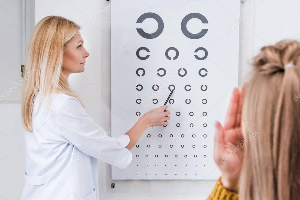 patient and optician doing Eye test with eye chart in clinic