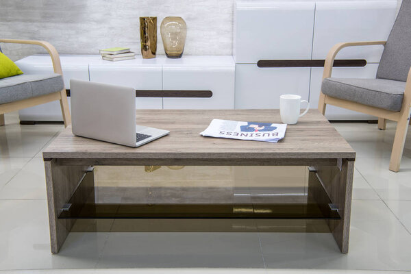 modern living room interior with laptop on table