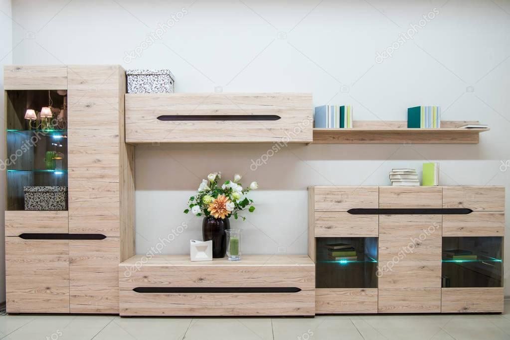 modern living room interior with closet and shelves