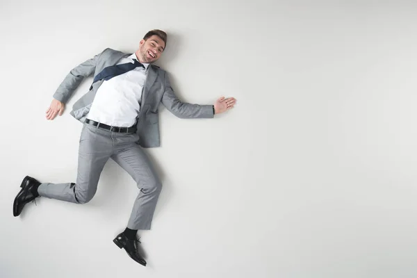 Vista Aérea Del Hombre Negocios Sonriente Traje Aislado Gris — Foto de Stock