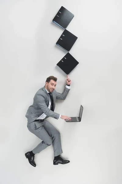 Overhead View Businessman Stack Folders One Finger Using Laptop Isolated — Stock Photo, Image