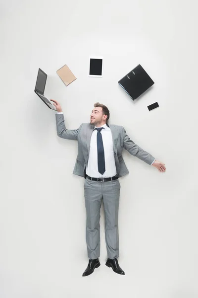 Overhead View Businessman Office Supplies Head Using Laptop Isolated Grey — Stock Photo, Image