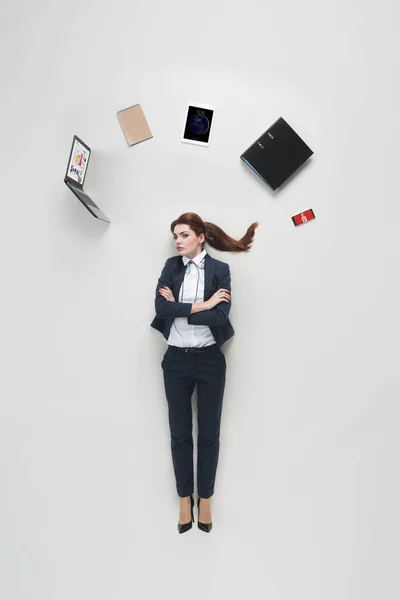 Overhead View Businesswoman Various Office Supplies Head Isolated Grey — Stock Photo, Image