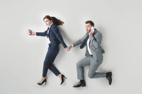 Overhead View Businessman Talking Smartphone While Holding Hands Together Colleague — Stock Photo, Image