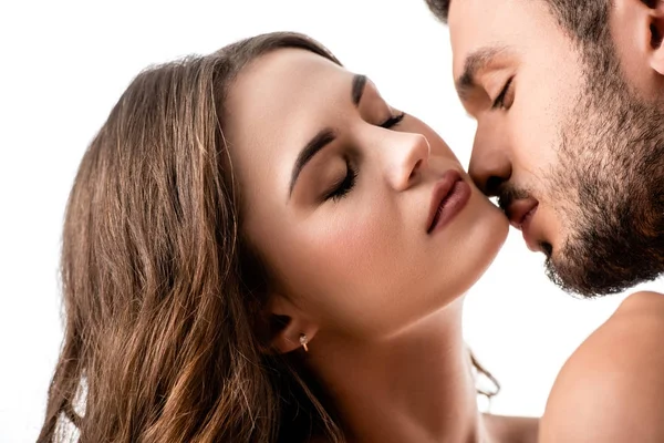 Belo Casal Sensual Beijando Isolado Branco — Fotografia de Stock