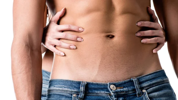 Imagem Cortada Torso Homem Com Mãos Femininas Isoladas Branco — Fotografia de Stock