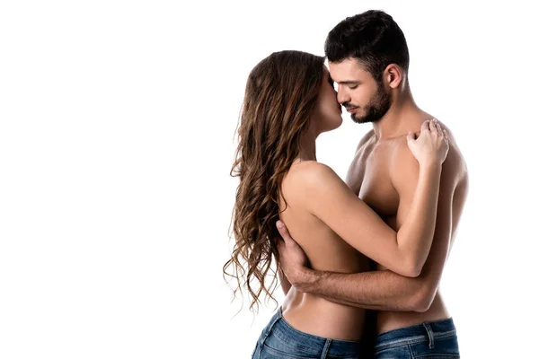 Hermosa Sensual Semidesnuda Pareja Jeans Aislados Blanco —  Fotos de Stock