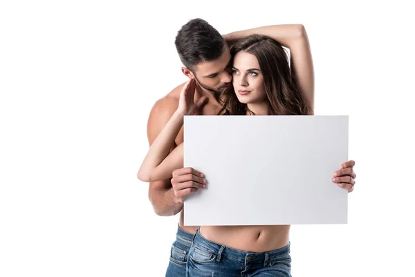 Young Sensual Couple Jeans Blank Board Isolated White — Stock Photo, Image