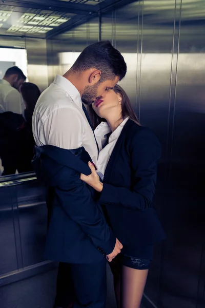 Sensual Business Couple Undressing Elevator — Stock Photo, Image