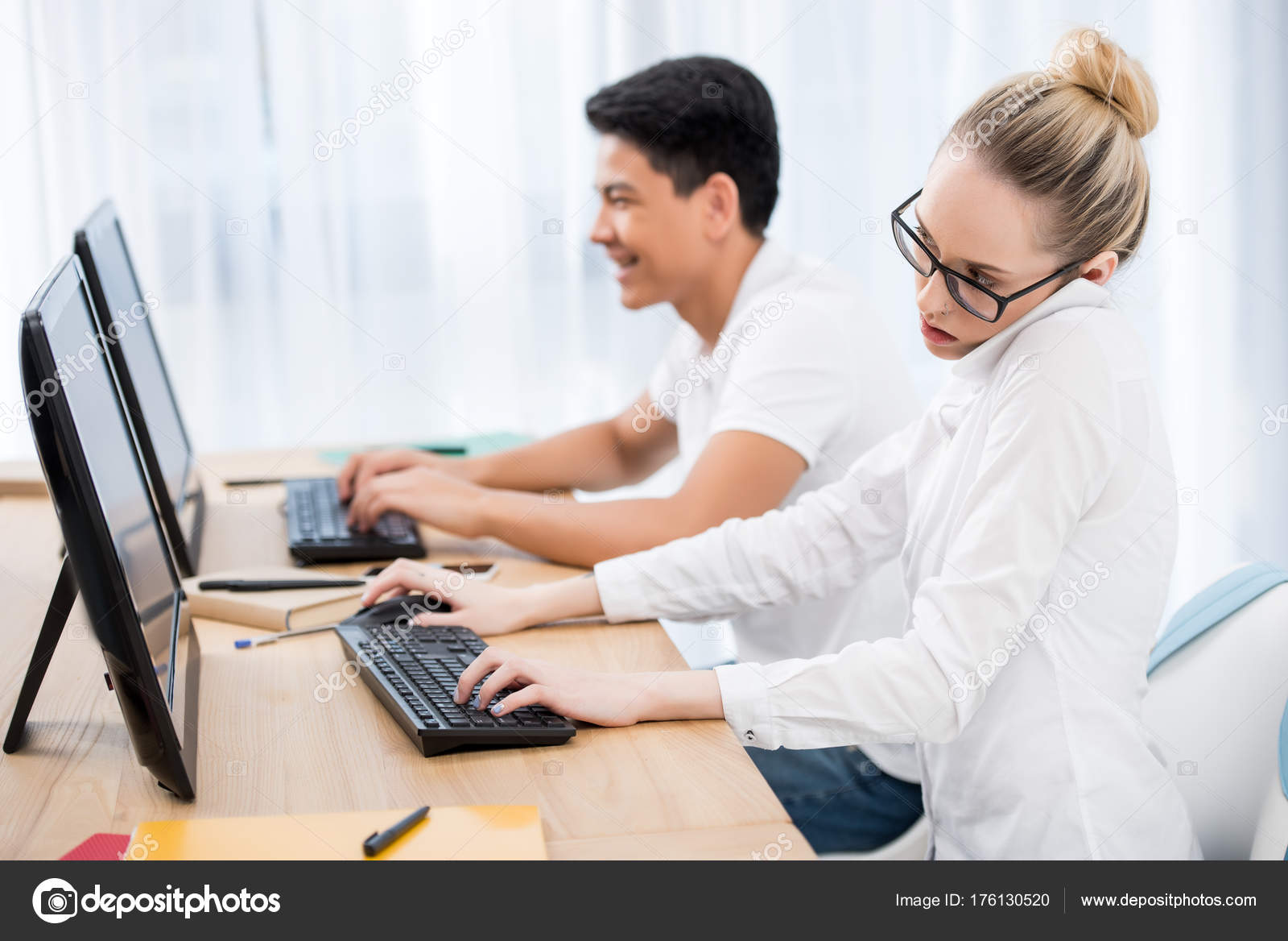 Young Teenager Students Working Computers Girl Speaking Smartphone
