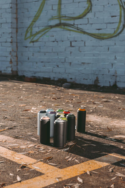cans with colorful spray paint for graffiti on asphalt