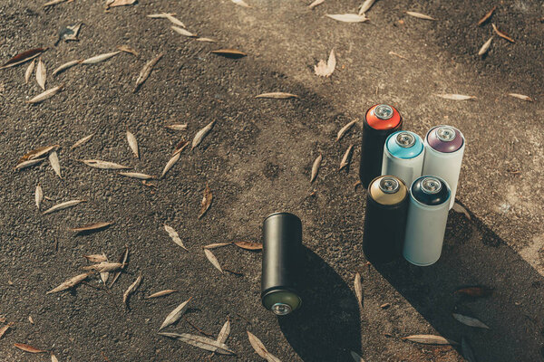 cans with colorful spray paint for graffiti on asphalt