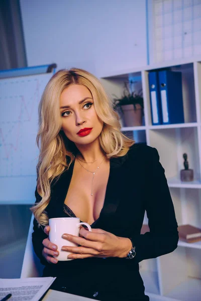 Seductive Blonde Woman Holding Cup Coffee — Stock Photo, Image