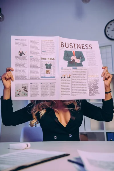 Sexy Woman Decollete Covering Face Business Newspaper — Stock Photo, Image