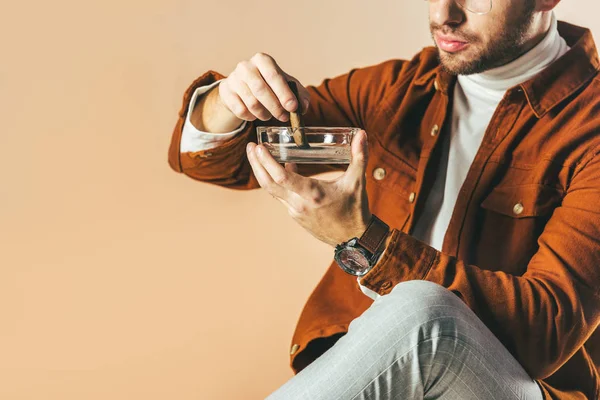 Cropped Shot Man Putting Out Cigar Ashtray Isolated Beige — Free Stock Photo