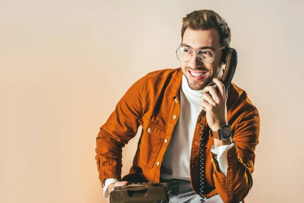 Portrait Cheerful Man Talking Telephone Isolated Beige — Stock Photo, Image