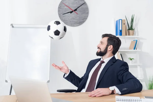 Businessman Suit Throwing Soccer Ball Workplace Office — Stock Photo, Image