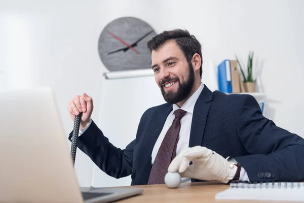 Smiling Businessman Golf Equipment Workplace Office — Stock Photo, Image