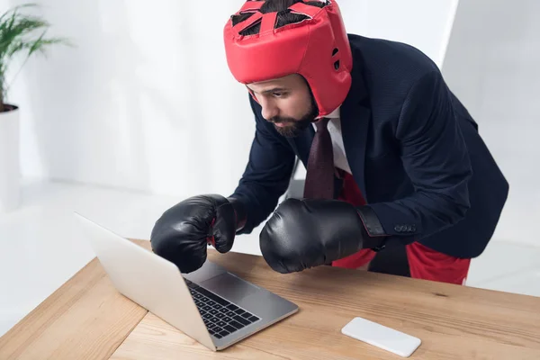 Businessman Boxing Gloves Helmet Typing Laptop Workplace Office — Stock Photo, Image