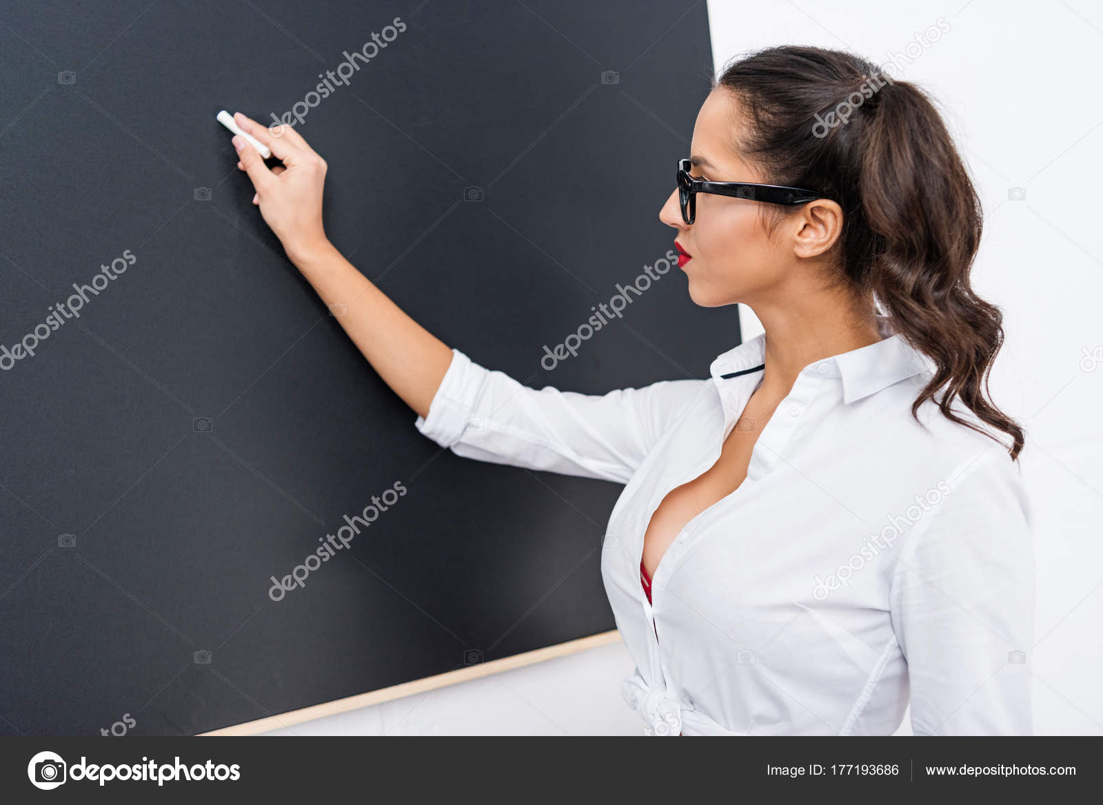 Young Sexy Teacher Writing Blackboard Chalk Stock Photo by ©VitalikRadko  177193686