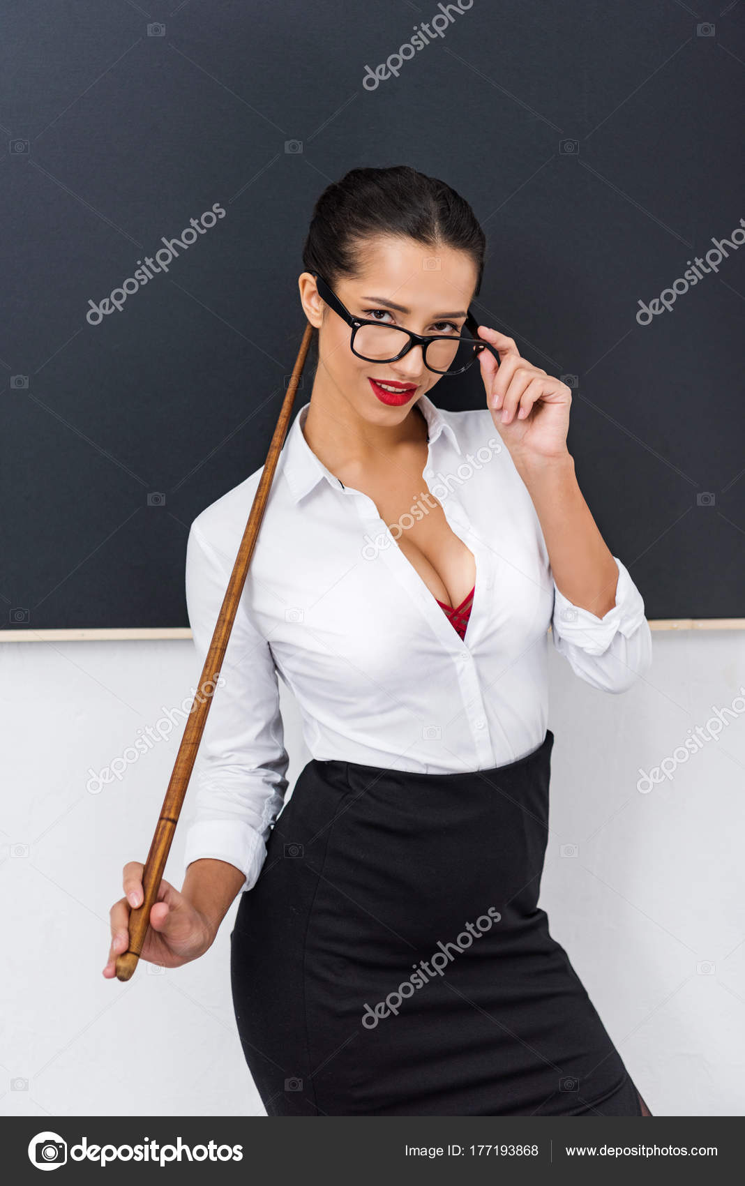 Young Sexy Teacher Wooden Pointer Standing Front Chalkboard Looking Camera Stock Photo Young Sexy Teacher Wooden Pointer Standing Front Chalkboard Looking Camera Stock Photo