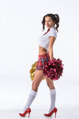 side view of sexy schoolgirl with cheerleader pompoms isolated on white clipart
