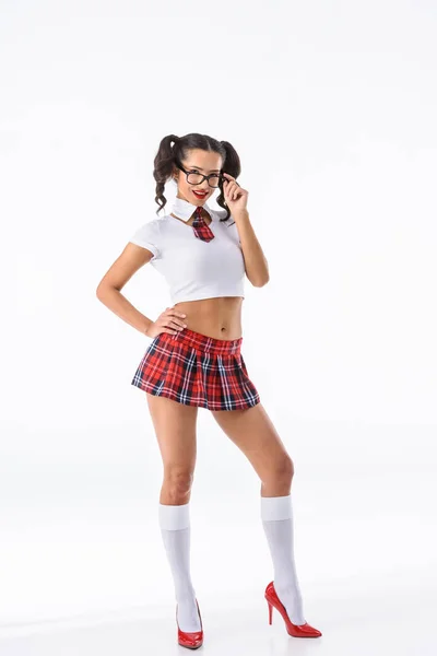 Joven Sexy Colegiala Rojo Falda Cuadros Gafas Aisladas Blanco — Foto de Stock