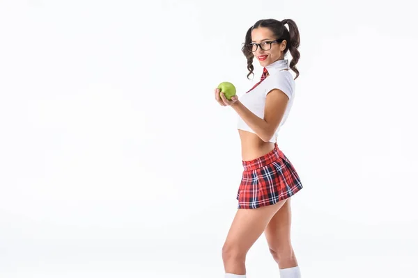 Young Sexy Schoolgirl Holding Green Apple Isolated White — Free Stock Photo