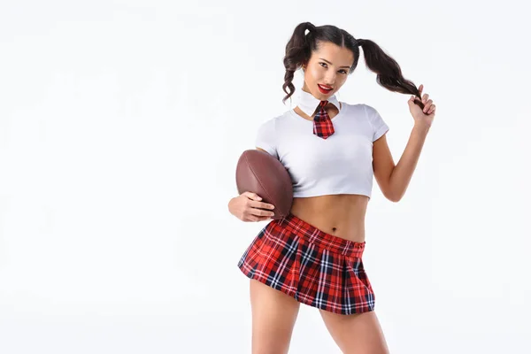 Attractive Young Schoolgirl American Football Ball Isolated White — Stock Photo, Image