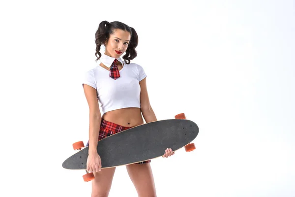 Jovem Sexy Estudante Segurando Skate Isolado Branco — Fotografia de Stock