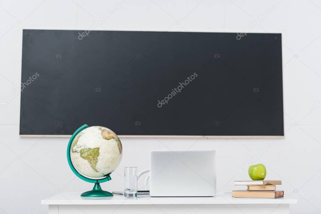 teachers desk with laptop in classroom in front of chalkboard