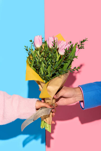 Close-up view of man giving girl bouquet of flowers on pink and blue background 