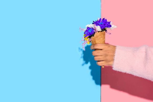 Cropped image of woman hand holding flowers on pink and blue background