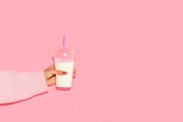 Partial View African American Woman Holding Glass Milk Straw Pink — Stock Photo, Image