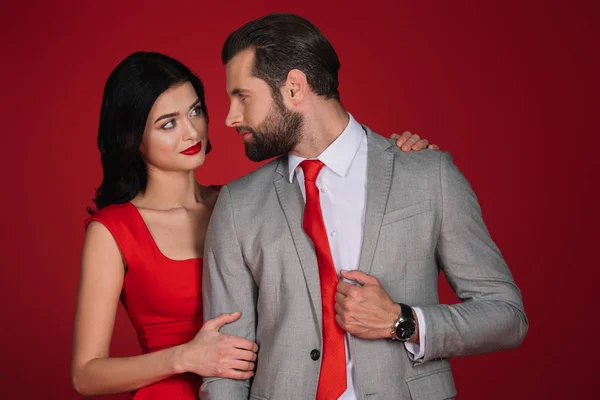 Girlfriend Hugging Boyfriend Isolated Red — Stock Photo, Image