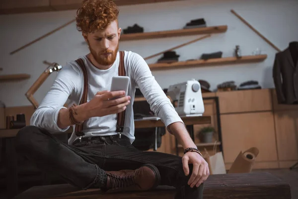 Stylish Young Fashion Designer Using Smartphone Workplace — Stock Photo, Image