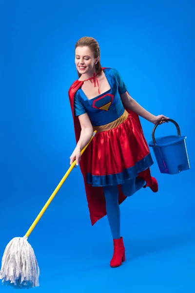 Smiling Woman Superhero Costume Mop Bucket Cleaning Isolated Blue — Free Stock Photo
