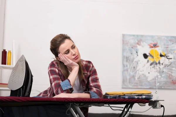 Portrait Tired Woman Leaning Ironing Board Home — Stock Photo, Image