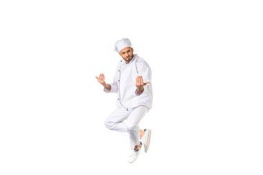 üniforma ile el el hareketi ve üzerinde beyaz izole kamera arıyor genç Şef