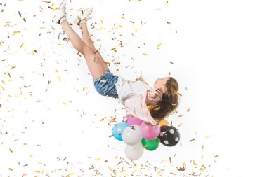 young woman with colorful balloons and shiny confetti falling isolated on white  clipart