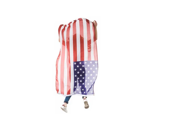 Visão Traseira Menina Pulando Com Bandeira Americana Isolada Branco — Fotografia de Stock
