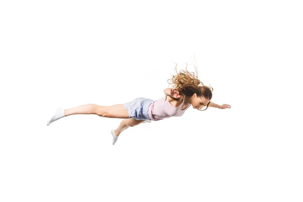 Full Length View Young Woman Falling Looking Isolated White — Stock Photo, Image