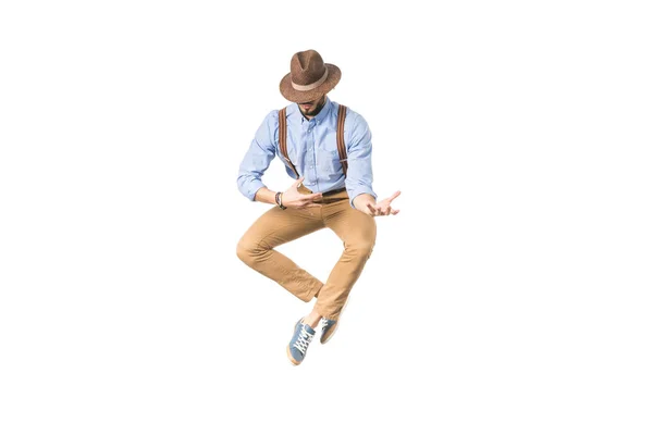 Stylish Young Man Hat Jumping Gesturing Hands Isolated White — Stock Photo, Image