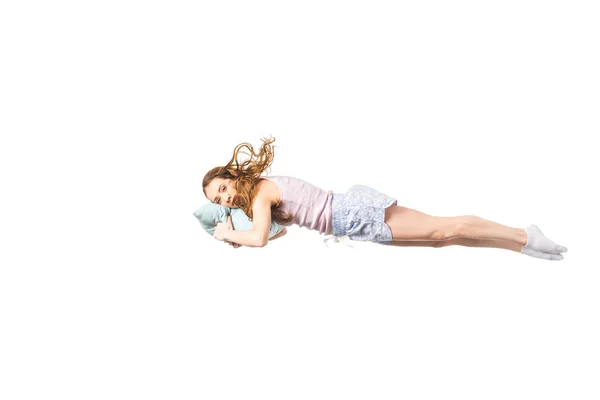 Girl Lying Pillow Looking Camera Isolated White — Stock Photo, Image