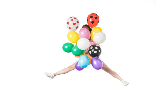 Chica Sosteniendo Globos Colores Saltando Aislado Blanco — Foto de Stock